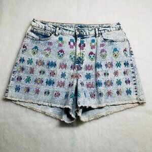 NWT DG2 By Diane Gilman Womens Blue Vibrant Embroidered Mom Jean Shorts Size 16